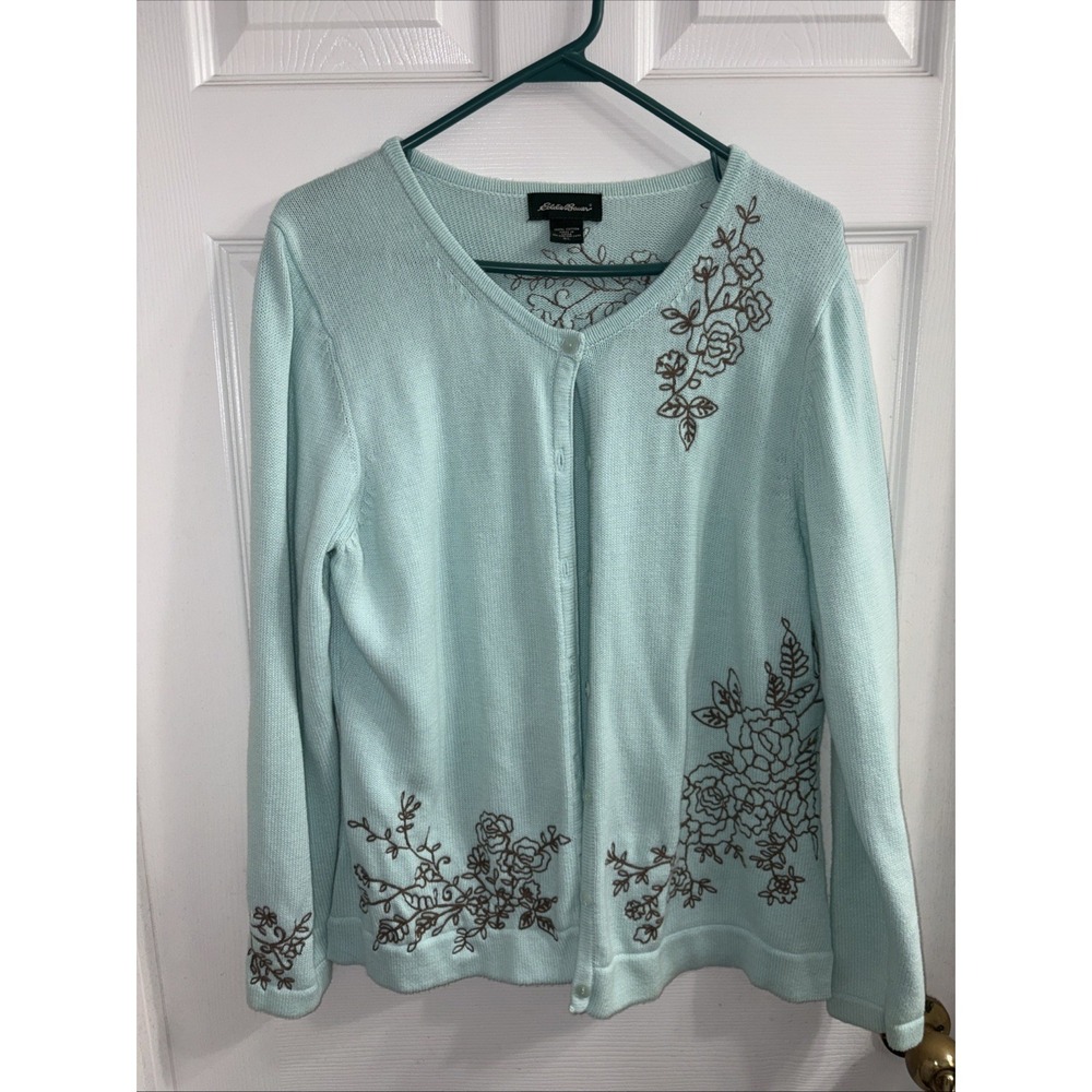 Eddie Bauer Light Aqua Blue Floral-Embroidered Cardigan